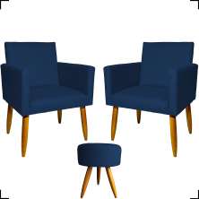Kit 2 Poltronas Decorativas Reforçadas Para Sala Nina + Puff Redondo Suede Azul Marinho Pé Castanho - Clique E Decore