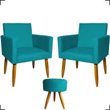 Kit 2 Poltronas Decorativas Reforçadas Para Sala Nina + Puff Redondo Suede Azul Turquesa Pé Castanho - Clique E Decore
