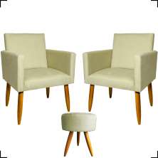 Kit 2 Poltronas Decorativas Reforçadas Para Sala Nina + Puff Redondo Suede Bege Pé Castanho - Clique E Decore