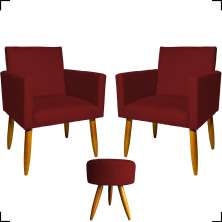 Kit 2 Poltronas Decorativas Reforçadas Para Sala Nina + Puff Redondo Suede Bordô Pé Castanho - Clique E Decore