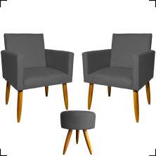 Kit 2 Poltronas Decorativas Reforçadas Para Sala Nina + Puff Redondo Suede Cinza Pé Castanho - Clique E Decore