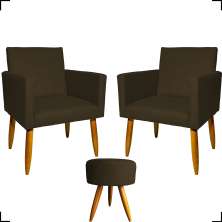 Kit 2 Poltronas Decorativas Reforçadas Para Sala Nina + Puff Redondo Suede Marrom Pé Castanho - Clique E Decore