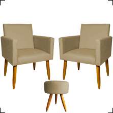 Kit 2 Poltronas Decorativas Reforçadas Para Sala Nina + Puff Redondo Suede Nude Pé Castanho - Clique E Decore