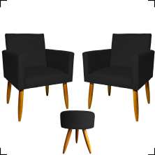 Kit 2 Poltronas Decorativas Reforçadas Para Sala Nina + Puff Redondo Suede Preto Pé Castanho - Clique E Decore