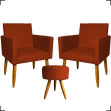Kit 2 Poltronas Decorativas Reforçadas Para Sala Nina + Puff Redondo Suede Terracota Pé Castanho - Clique E Decore