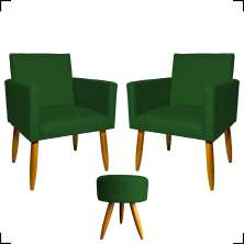 Kit 2 Poltronas Decorativas Reforçadas Para Sala Nina + Puff Redondo Suede Verde Pé Castanho - Clique E Decore