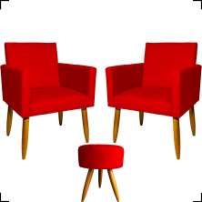 Kit 2 Poltronas Decorativas Reforçadas Para Sala Nina + Puff Redondo Suede Vermelho Pé Castanho - Clique E Decore