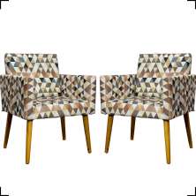 Kit 2 Poltronas Decorativas Reforçadas Para Sala Nina Estampa Triângulo Bege Pé Castanho - Clique E Decore