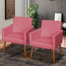 Kit 2 Poltronas Para Sala Decorativas Reforçadas Beatriz Suede Rosê Pé Castanho - Clique E Decore