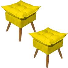 Kit 2 Puff Decorativo Para Sala, Penteadeira, Manicure Alice Suede Amarelo Pé Castanho - Clique E Decore