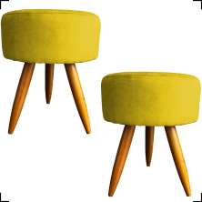 Kit 2 Puff Decorativos Para Sala, Quarto, Manicure Redondo Suede Amarelo Pé Castanho - Clique E Decore