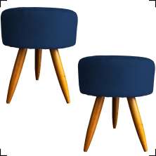 Kit 2 Puff Decorativos Para Sala, Quarto, Manicure Redondo Suede Azul Marinho Pé Castanho - Clique E Decore