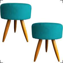 Kit 2 Puff Decorativos Para Sala, Quarto, Manicure Redondo Suede Azul Turquesa Pé Castanho - Clique E Decore