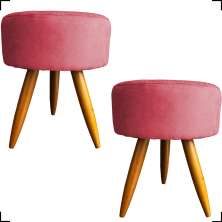 Kit 2 Puff Decorativos Para Sala, Quarto, Manicure Redondo Suede Rosé Pé Castanho - Clique E Decore