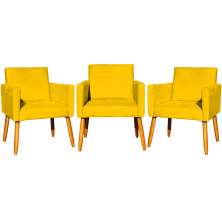 Kit 3 Poltronas Decorativa Para Sala Manicure Consultório Escritório Cadeira Nina Suede Amarelo