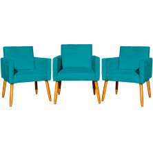 Kit 3 Poltronas Decorativa Para Sala Manicure Consultório Escritório Cadeira Nina Suede Azul Turquesa