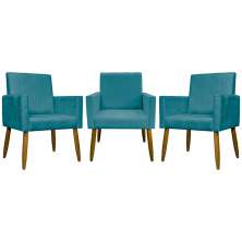 Kit 3 Poltronas Decorativa Para Sala Recepção Manicure Consultório Mari Suede Azul Turquesa