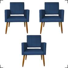 Kit 3 Poltronas Decorativas Confortáveis Para Sala Isa Suede Azul Marinho Pé Castanho - Clique E Decore