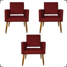 Kit 3 Poltronas Decorativas Confortáveis Para Sala Isa Suede Bordô Pé Castanho - Clique E Decore