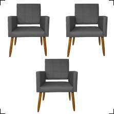 Kit 3 Poltronas Decorativas Confortáveis Para Sala Isa Suede Cinza Pé Castanho - Clique E Decore