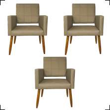 Kit 3 Poltronas Decorativas Confortáveis Para Sala Isa Suede Nude Pé Castanho - Clique E Decore