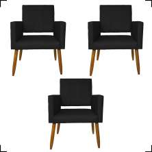 Kit 3 Poltronas Decorativas Confortáveis Para Sala Isa Suede Preto Pé Castanho - Clique E Decore