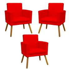 Kit 3 Poltronas Decorativas Para Sala Nina, Manicure, Quarto Com Base Suede Vermelho Pé Castanho - Clique E Decore