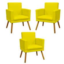 Kit 3 Poltronas Decorativas Para Sala, Manicure, Quarto Nina Com Base Suede Amarelo Pé Castanho - Clique E Decore