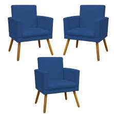 Kit 3 Poltronas Decorativas Para Sala, Manicure, Quarto Nina Com Base Suede Azul Marinho Pé Castanho - Clique E Decore