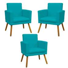 Kit 3 Poltronas Decorativas Para Sala, Manicure, Quarto Nina Com Base Suede Azul Turquesa Pé Castanho - Clique E Decore
