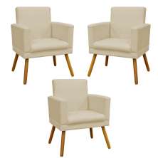 Kit 3 Poltronas Decorativas Para Sala, Manicure, Quarto Nina Com Base Suede Bege Pé Castanho - Clique E Decore