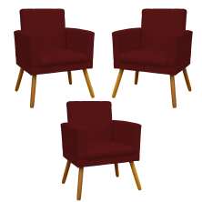 Kit 3 Poltronas Decorativas Para Sala, Manicure, Quarto Nina Com Base Suede Bordô Pé Castanho - Clique E Decore