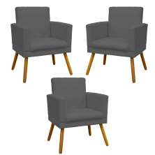 Kit 3 Poltronas Decorativas Para Sala, Manicure, Quarto Nina Com Base Suede Cinza Pé Castanho - Clique E Decore
