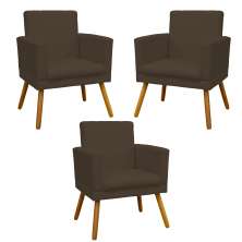 Kit 3 Poltronas Decorativas Para Sala, Manicure, Quarto Nina Com Base Suede Marrom Pé Castanho - Clique E Decore