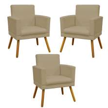 Kit 3 Poltronas Decorativas Para Sala, Manicure, Quarto Nina Com Base Suede Nude Pé Castanho - Clique E Decore