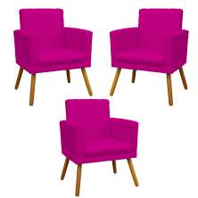 Kit 3 Poltronas Decorativas Para Sala, Manicure, Quarto Nina Com Base Suede Pink Pé Castanho - Clique E Decore