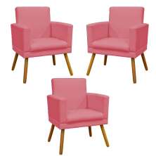 Kit 3 Poltronas Decorativas Para Sala, Manicure, Quarto Nina Com Base Suede Rosê Pé Castanho - Clique E Decore