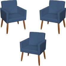 Kit 3 Poltronas Para Sala Decorativa Confortáveis Beatriz Suede Azul Marinho Pé Castanho - Clique E Decore