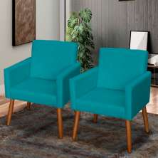 Kit 3 Poltronas Para Sala Decorativa Confortáveis Beatriz Suede Azul Turquesa Pé Castanho - Clique E Decore