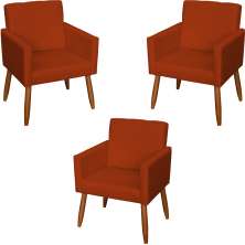 Kit 3 Poltronas Para Sala Decorativa Confortáveis Beatriz Suede Terracota Pé Castanho - Clique E Decore