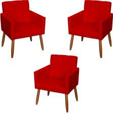 Kit 3 Poltronas Para Sala Decorativa Confortáveis Beatriz Suede Vermelho Pé Castanho - Clique E Decore