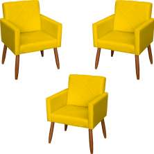 Kit 3 Poltronas Para Sala, Manicure, Quarto Decorativas Beatriz Com Base Suede Amarelo Pé Castanho - Clique E Decore