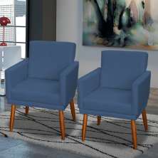 Kit 3 Poltronas Para Sala, Manicure, Quarto Decorativas Beatriz Com Base Suede Azul Marinho Pé Castanho - Clique E Decore