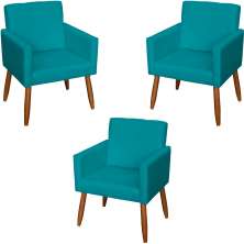 Kit 3 Poltronas Para Sala, Manicure, Quarto Decorativas Beatriz Com Base Suede Azul Turquesa Pé Castanho - Clique E Decore