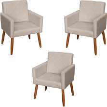 Kit 3 Poltronas Para Sala, Manicure, Quarto Decorativas Beatriz Com Base Suede Bege Pé Castanho - Clique E Decore