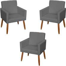 Kit 3 Poltronas Para Sala, Manicure, Quarto Decorativas Beatriz Com Base Suede Cinza Pé Castanho - Clique E Decore