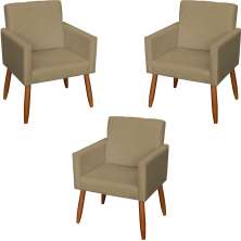 Kit 3 Poltronas Para Sala, Manicure, Quarto Decorativas Beatriz Com Base Suede Nude Pé Castanho - Clique E Decore