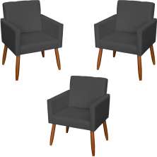 Kit 3 Poltronas Para Sala, Manicure, Quarto Decorativas Beatriz Com Base Suede Preto Pé Castanho - Clique E Decore