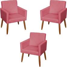 Kit 3 Poltronas Para Sala, Manicure, Quarto Decorativas Beatriz Com Base Suede Rosê Pé Castanho - Clique E Decore