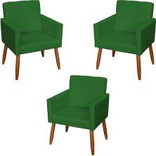 Kit 3 Poltronas Para Sala, Manicure, Quarto Decorativas Beatriz Com Base Suede Verde Pé Castanho - Clique E Decore